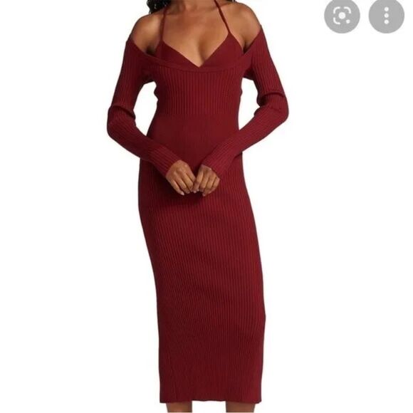 NWT Jonathan Simkhai | Lisa Ribbed Long Sleeve Midi Dress in Garnet Burgundy S - Picture 1 of 8